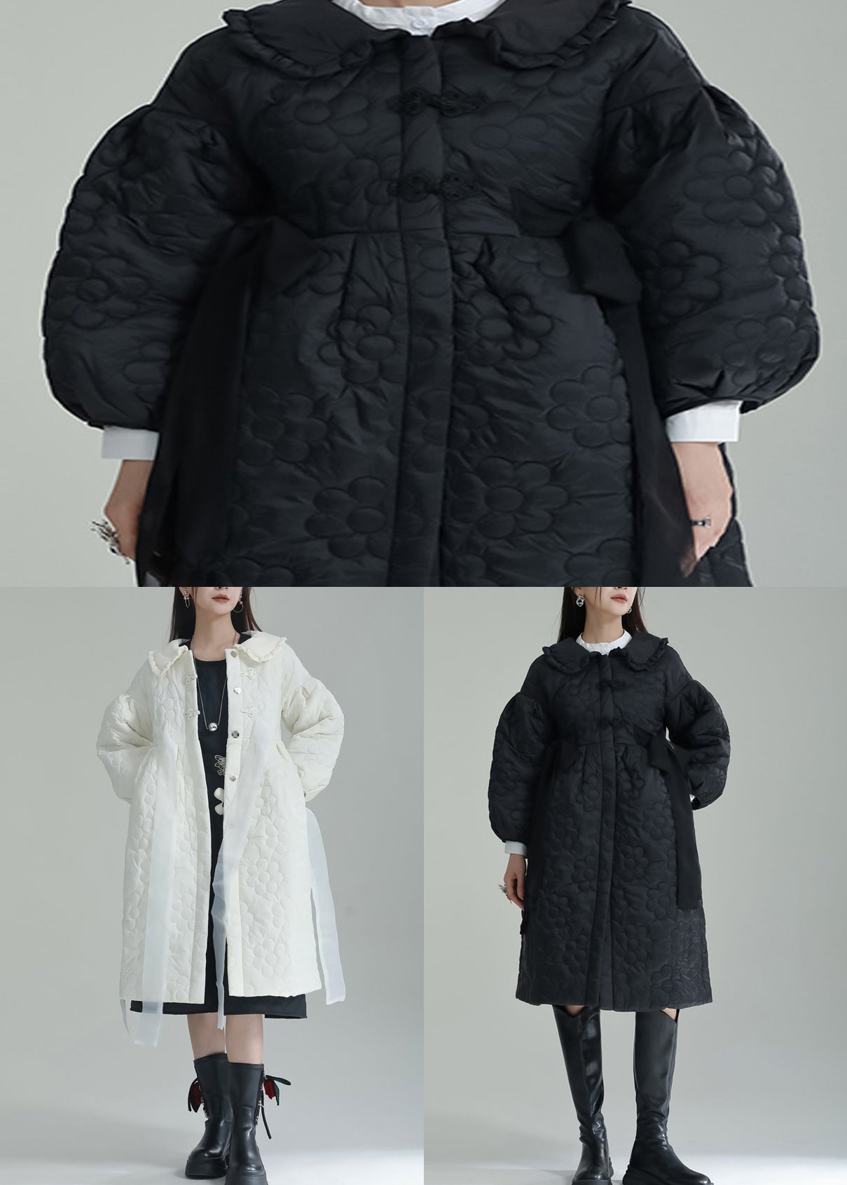 Black Embossed Cotton Filled Coat Peter Pan Collar Lantern Sleeve Ada Fashion