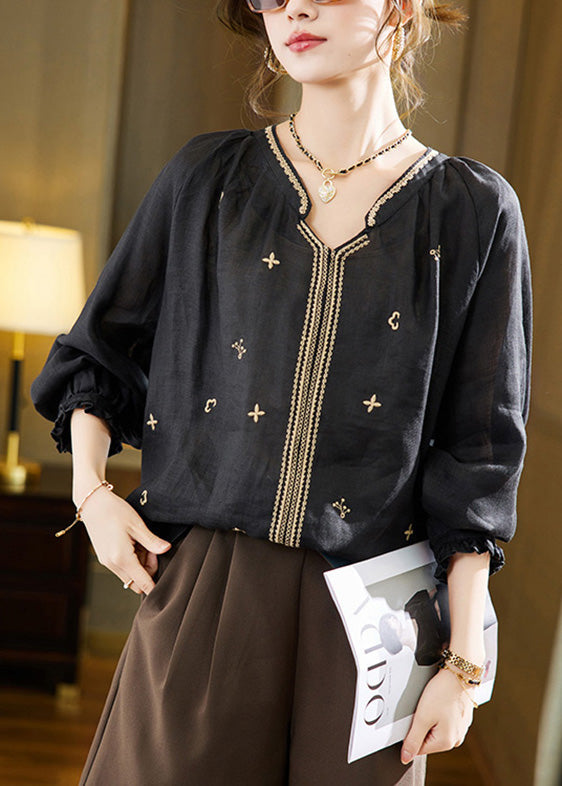 Black Embroideried Solid Linen Top Long Sleeve LY6175 - fabuloryshop