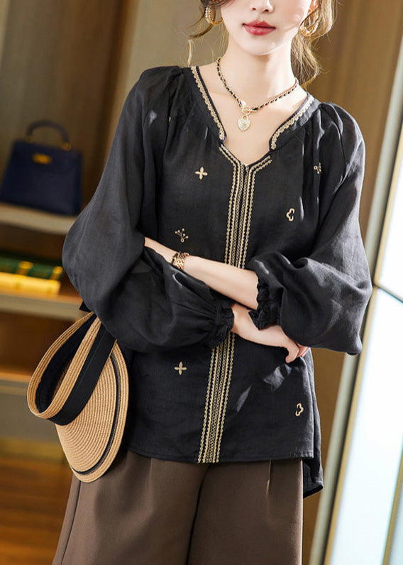 Black Embroideried Solid Linen Top Long Sleeve LY6175 - fabuloryshop