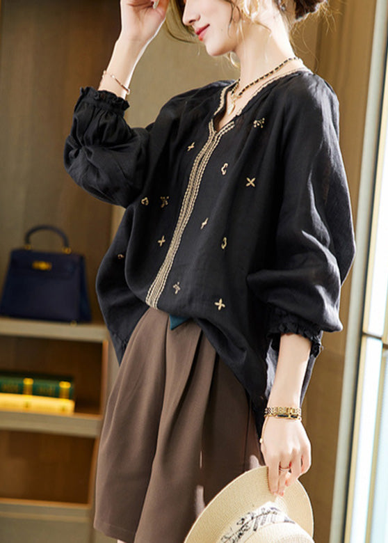 Black Embroideried Solid Linen Top Long Sleeve LY6175 - fabuloryshop