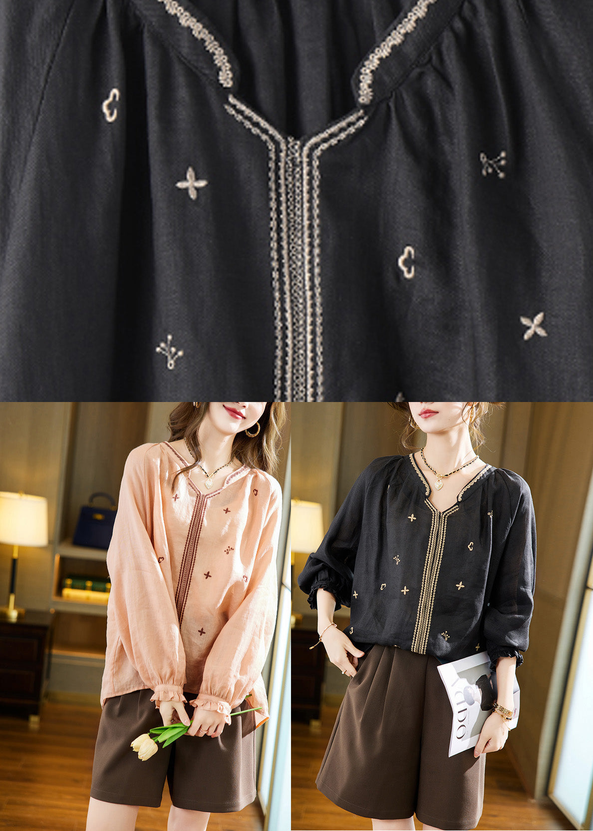 Black Embroideried Solid Linen Top Long Sleeve LY6175 - fabuloryshop