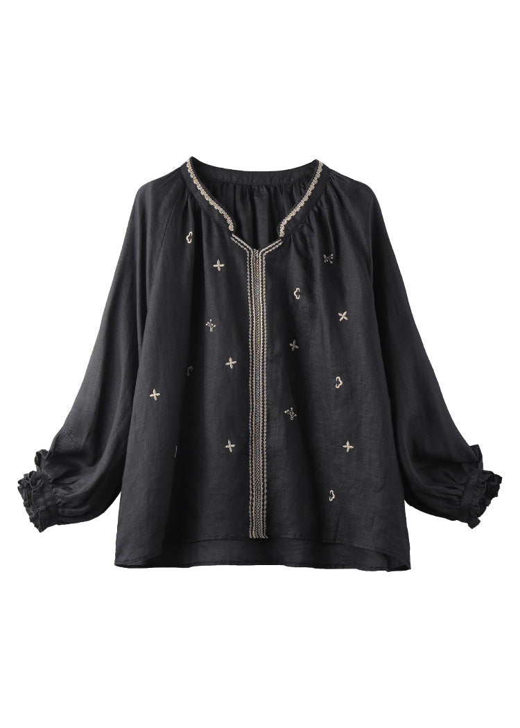 Black Embroideried Solid Linen Top Long Sleeve LY6175 - fabuloryshop