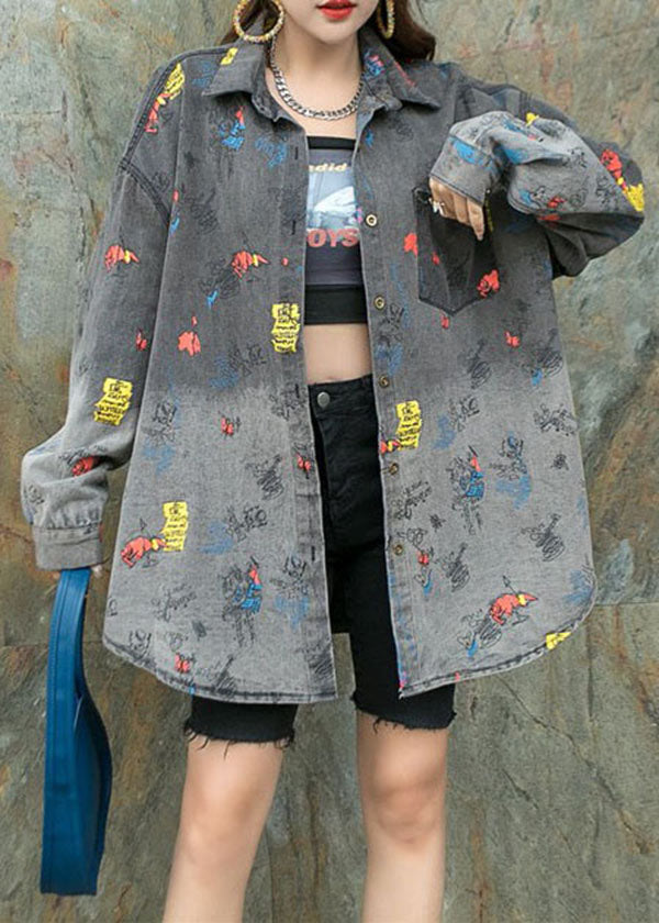 Black Grey Graphic Patchwork Denim Shirts Coat Peter Pan Collar Spring LY5219 - fabuloryshop