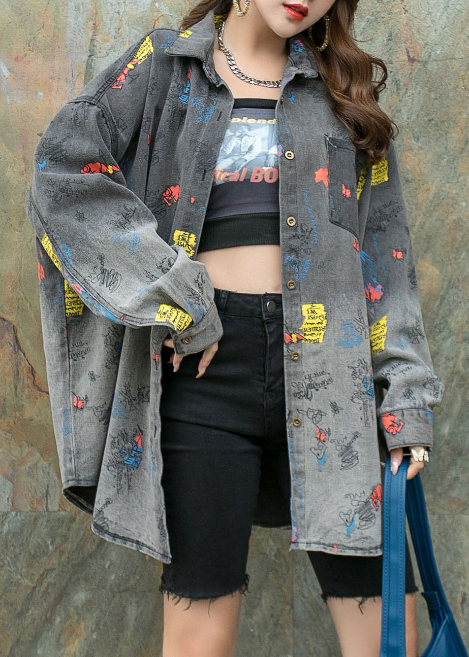 Black Grey Graphic Patchwork Denim Shirts Coat Peter Pan Collar Spring LY5219 - fabuloryshop