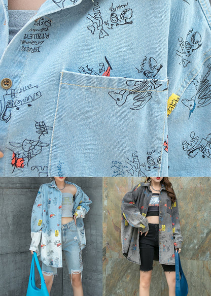 Black Grey Graphic Patchwork Denim Shirts Coat Peter Pan Collar Spring LY5219 - fabuloryshop