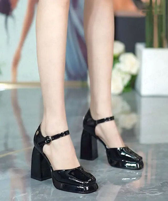 Black High Heels Chunky Cowhide Leather Plus Size Buckle Strap Platform Heels LC0171 - fabuloryshop