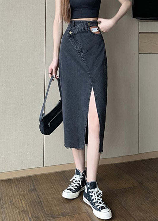 Black High Waist Pockets Button Solid Denim A Line Skirt TY1014 - fabuloryshop