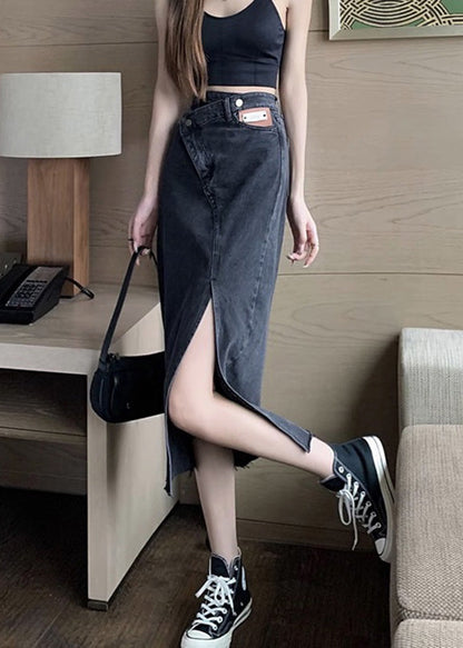 Black High Waist Pockets Button Solid Denim A Line Skirt TY1014 - fabuloryshop