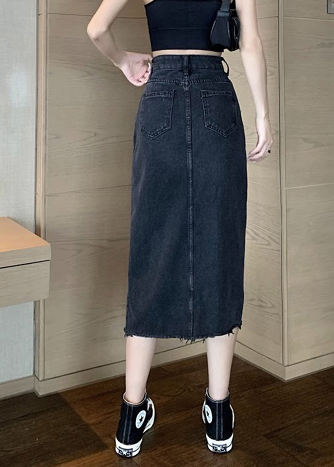 Black High Waist Pockets Button Solid Denim A Line Skirt TY1014 - fabuloryshop