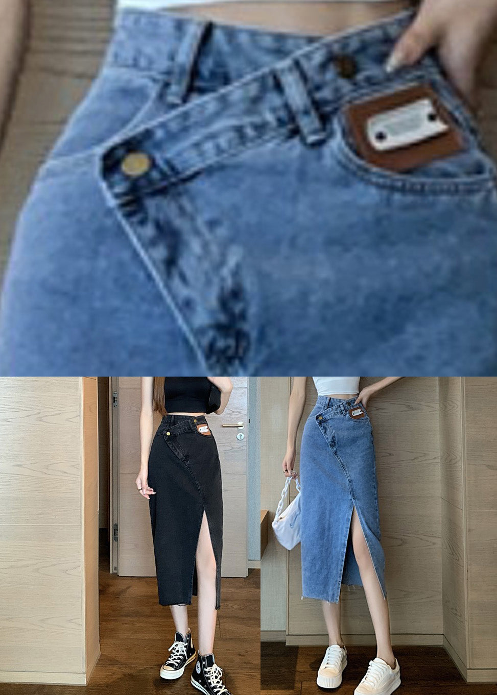 Black High Waist Pockets Button Solid Denim A Line Skirt TY1014 - fabuloryshop