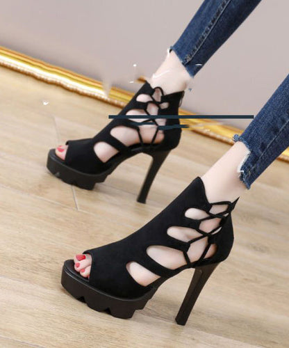 Black Hollow Out Genuine Leather High Heels Peep Toe Platform High Heels LY4400 - fabuloryshop