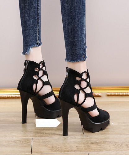 Black Hollow Out Genuine Leather High Heels Peep Toe Platform High Heels LY4400 - fabuloryshop