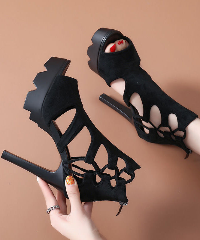 Black Hollow Out Genuine Leather High Heels Peep Toe Platform High Heels LY4400 - fabuloryshop