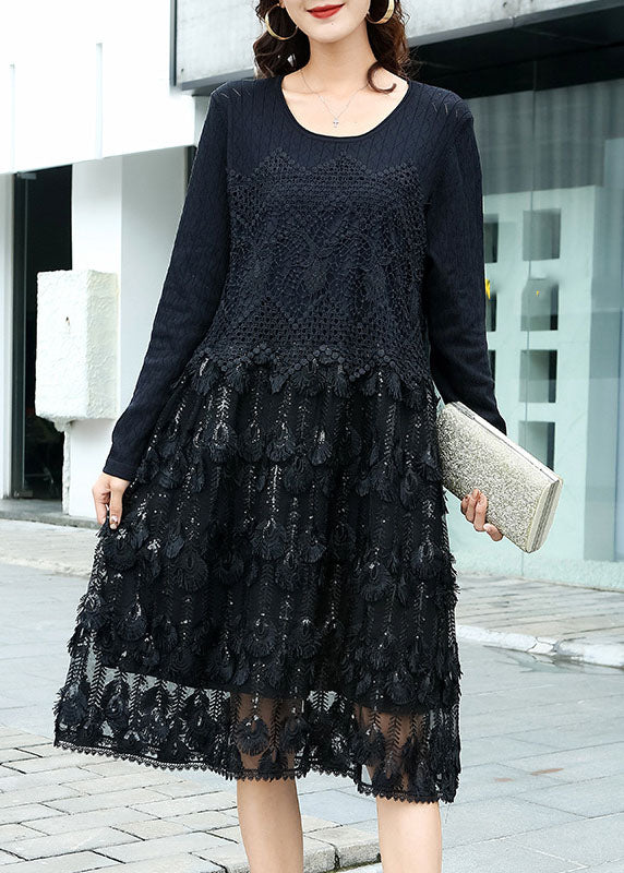 Black Hollow Out Lace Patchwork Knit Dress O Neck Spring LY0002 - fabuloryshop