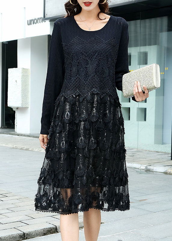 Black Hollow Out Lace Patchwork Knit Dress O Neck Spring LY0002 - fabuloryshop