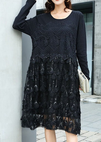 Black Hollow Out Lace Patchwork Knit Dress O Neck Spring LY0002 - fabuloryshop