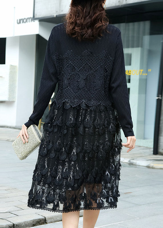 Black Hollow Out Lace Patchwork Knit Dress O Neck Spring LY0002 - fabuloryshop