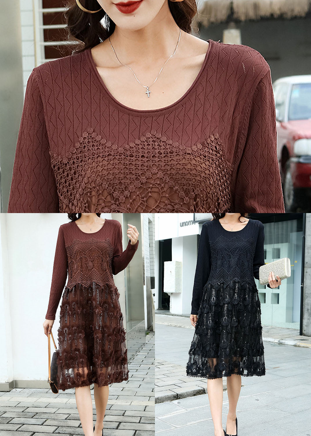 Black Hollow Out Lace Patchwork Knit Dress O Neck Spring LY0002 - fabuloryshop