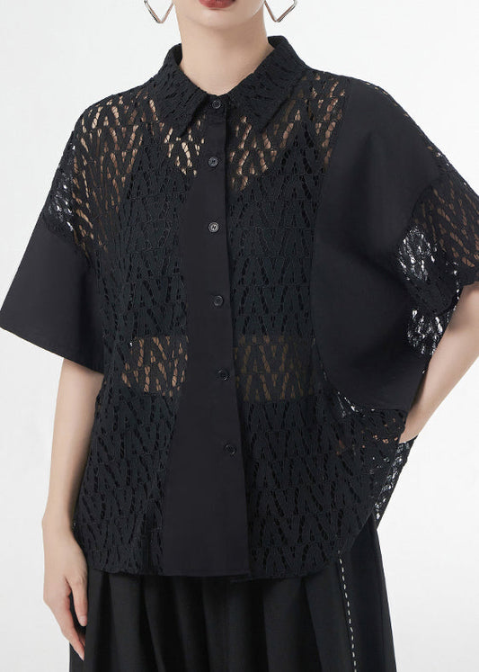 Black Hollow Out Patchwork Lace Shirt Top Peter Pan Collar Short Sleeve Ada Fashion