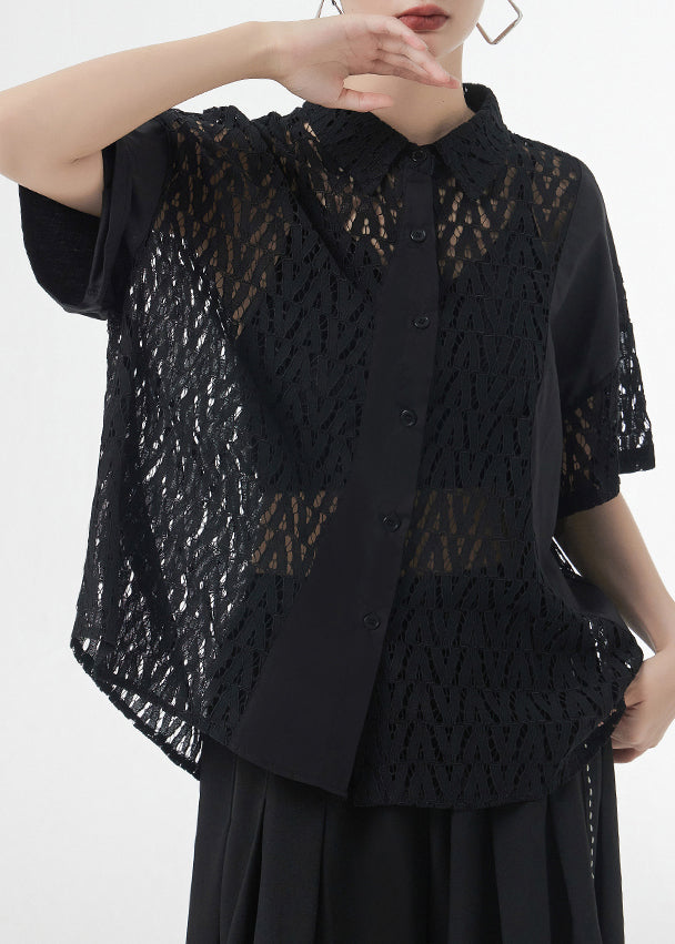 Black Hollow Out Patchwork Lace Shirt Top Peter Pan Collar Short Sleeve Ada Fashion