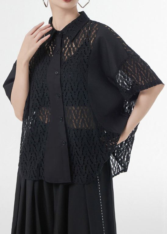 Black Hollow Out Patchwork Lace Shirt Top Peter Pan Collar Short Sleeve Ada Fashion