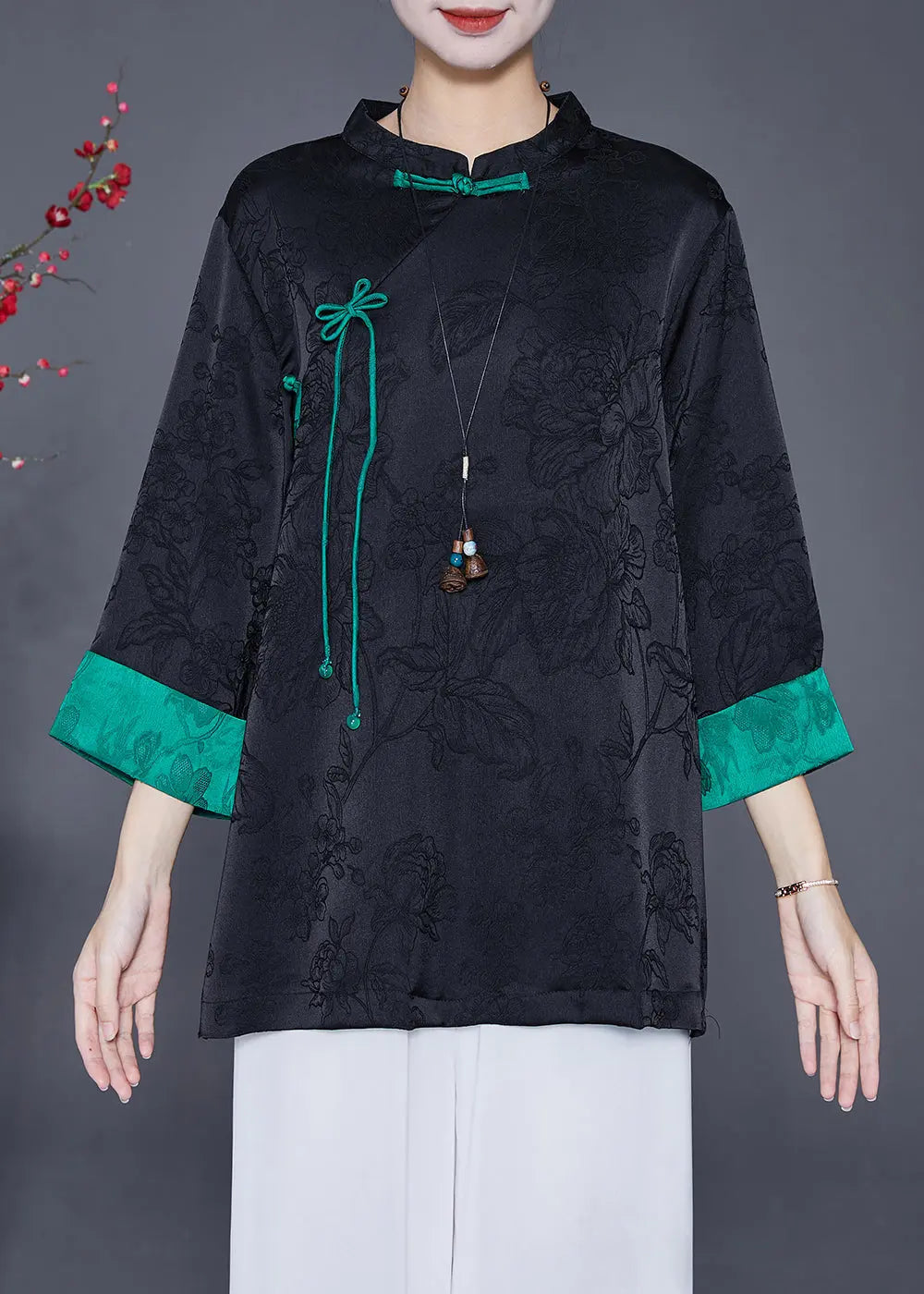 Black Jacquard Chinese Style Silk Shirt Top Chinese Button Fall Ada Fashion