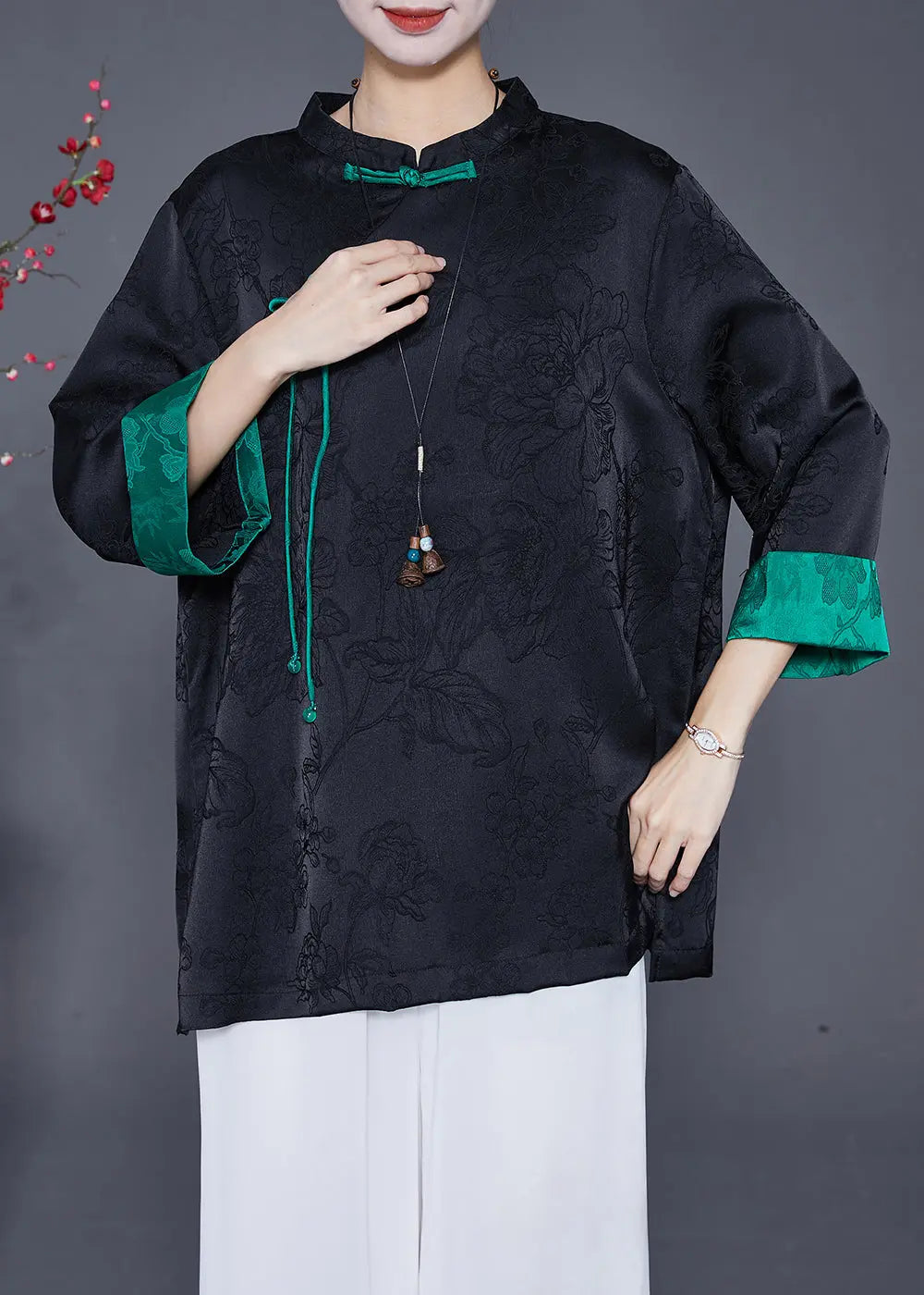 Black Jacquard Chinese Style Silk Shirt Top Chinese Button Fall Ada Fashion