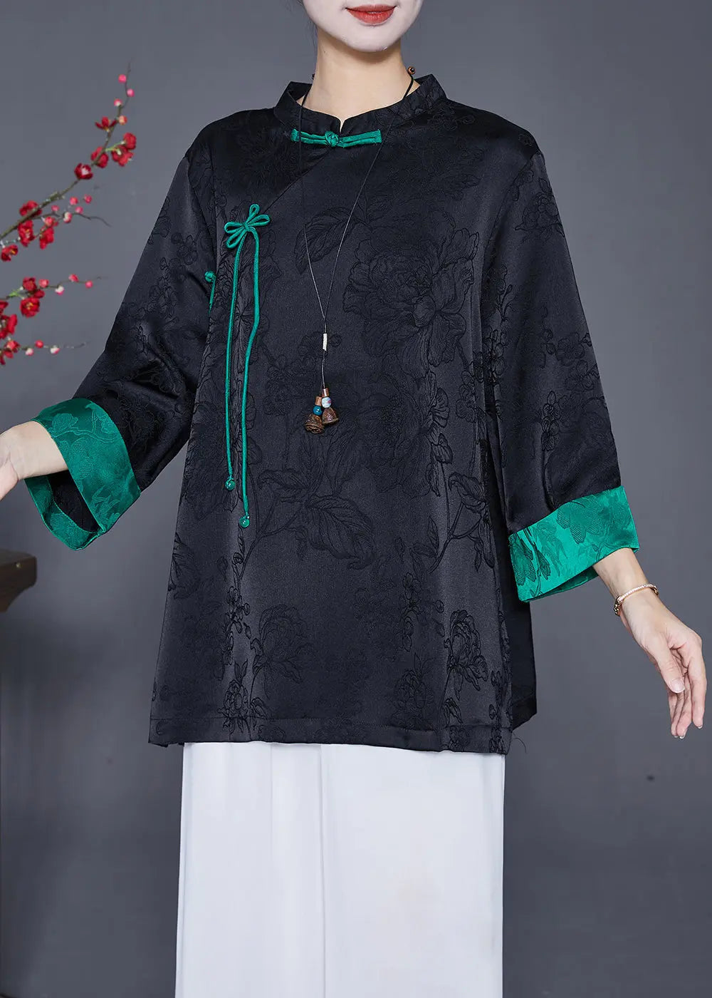 Black Jacquard Chinese Style Silk Shirt Top Chinese Button Fall Ada Fashion