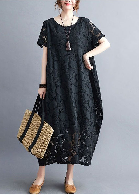 Black Lace A Line Dress O-Neck Hollow Out Summer LY0529 - fabuloryshop