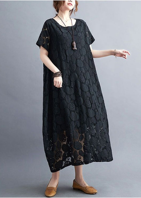 Black Lace A Line Dress O-Neck Hollow Out Summer LY0529