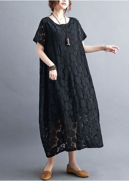 Black Lace A Line Dress O-Neck Hollow Out Summer LY0529 - fabuloryshop