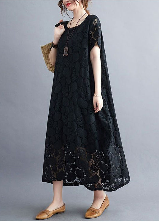 Black Lace A Line Dress O-Neck Hollow Out Summer LY0529 - fabuloryshop