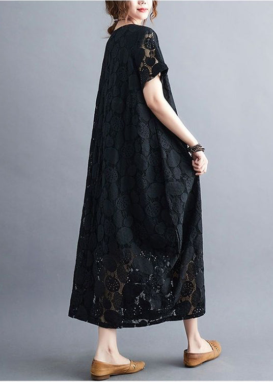 Black Lace A Line Dress O-Neck Hollow Out Summer LY0529 - fabuloryshop