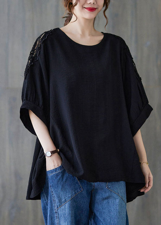 Black Lace Patchwork Cotton T Shirt Top Asymmetrical Summer LY5665 - fabuloryshop