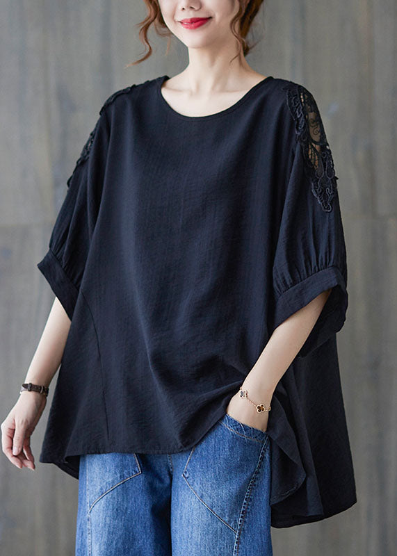 Black Lace Patchwork Cotton T Shirt Top Asymmetrical Summer LY5665 - fabuloryshop