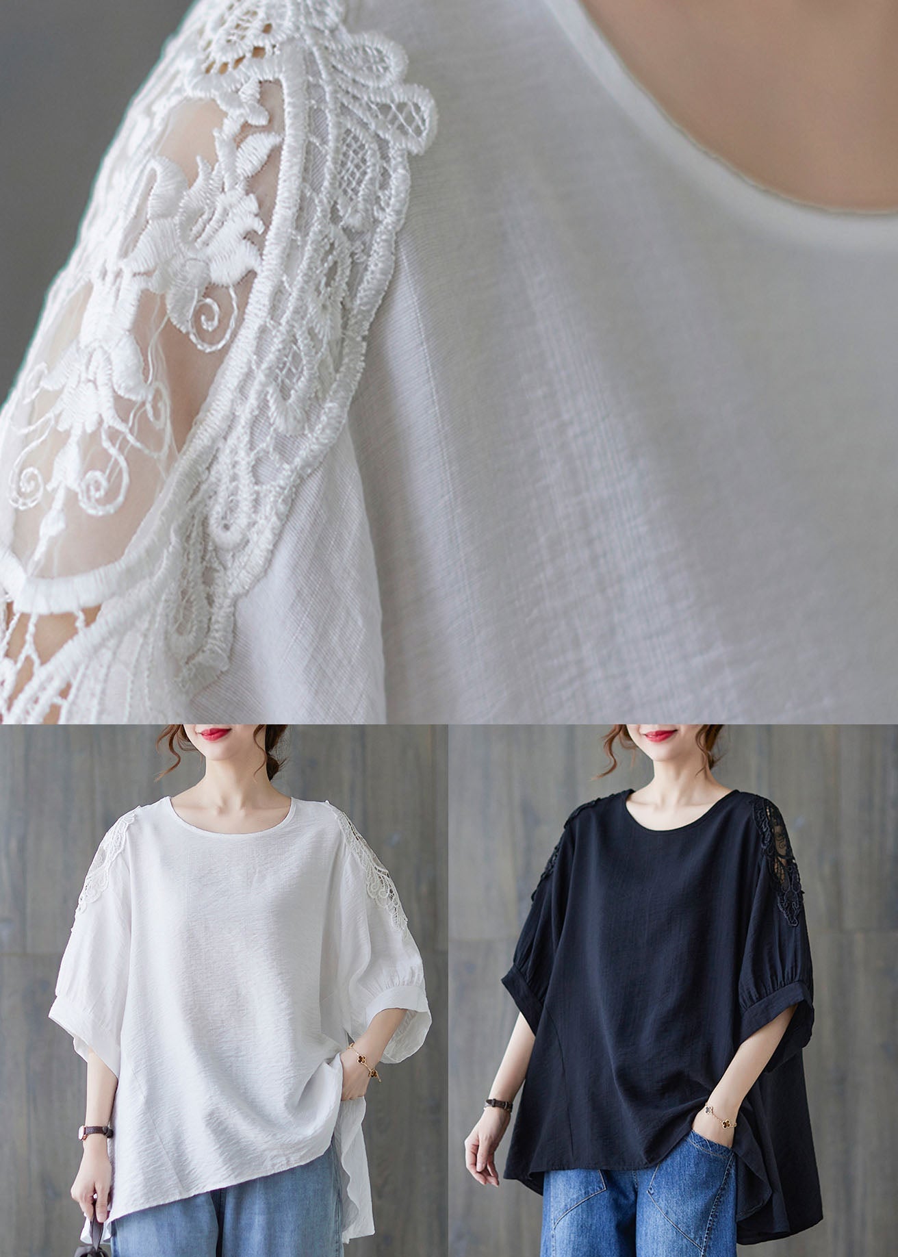 Black Lace Patchwork Cotton T Shirt Top Asymmetrical Summer LY5665 - fabuloryshop