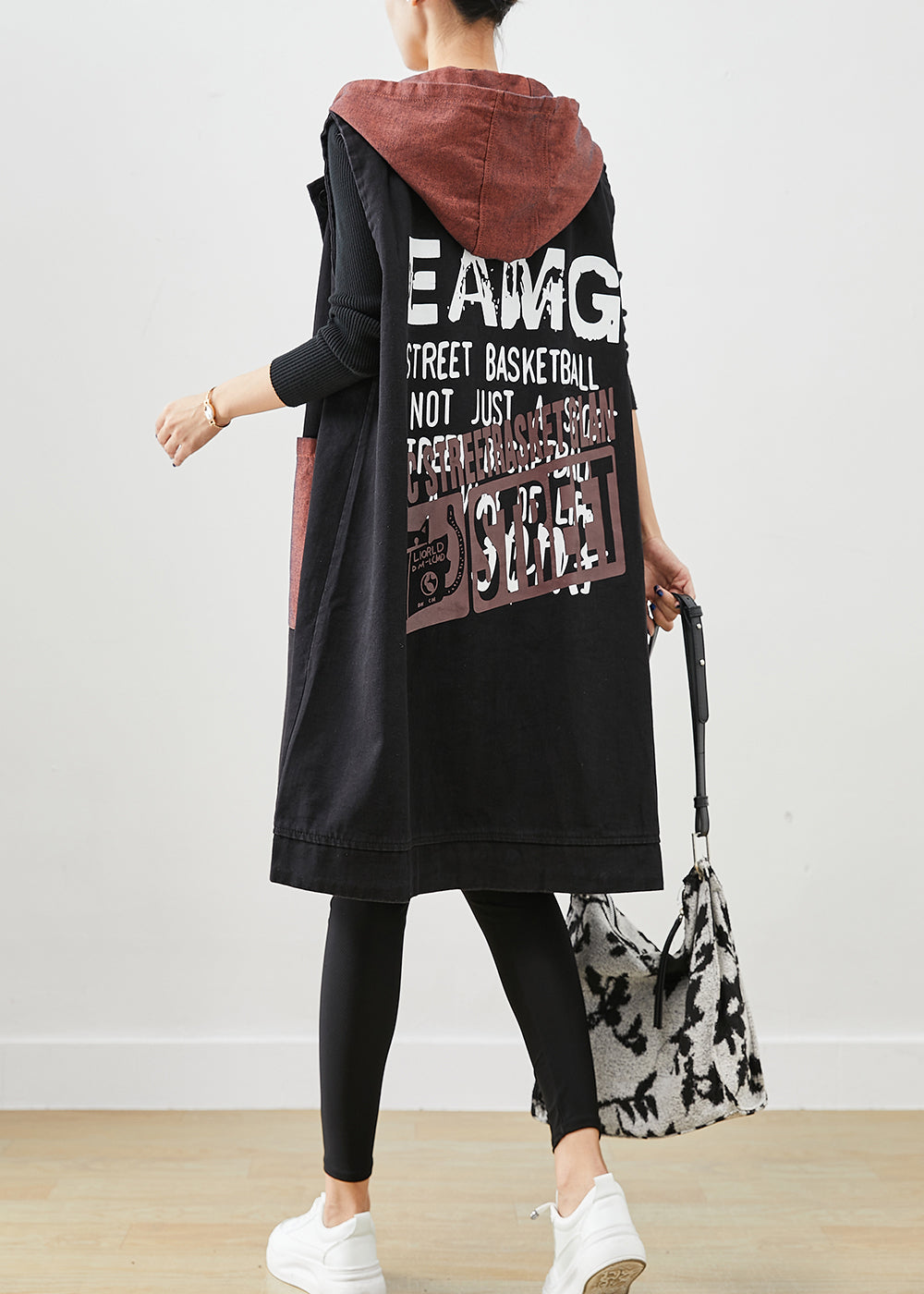 Black Letter Print Denim Long Vests Hooded Pockets Fall Ada Fashion