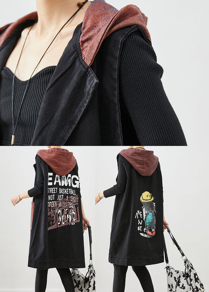 Black Letter Print Denim Long Vests Hooded Pockets Fall Ada Fashion