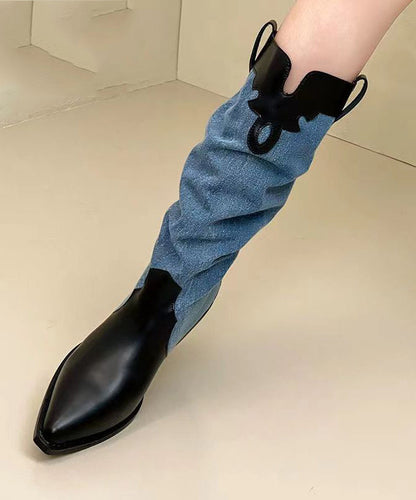 Black Long Boots Chunky Pointed Toe