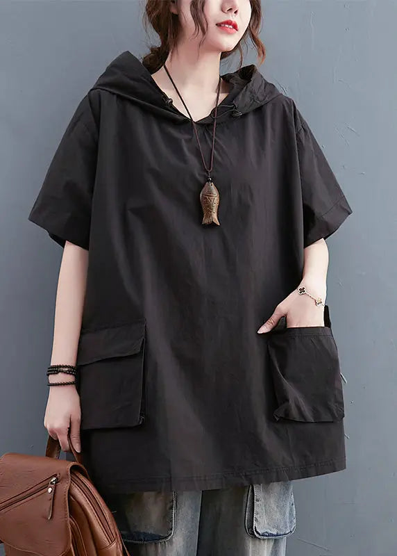 Black Loose Cotton Sweatshirt Streetwear Hooded Pockets Summer Ada Fashion