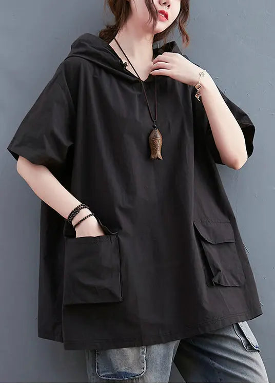 Black Loose Cotton Sweatshirt Streetwear Hooded Pockets Summer Ada Fashion