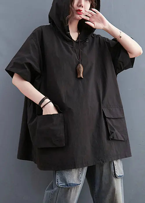 Black Loose Cotton Sweatshirt Streetwear Hooded Pockets Summer Ada Fashion