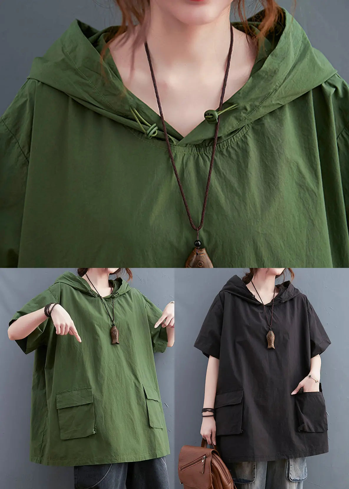 Black Loose Cotton Sweatshirt Streetwear Hooded Pockets Summer Ada Fashion