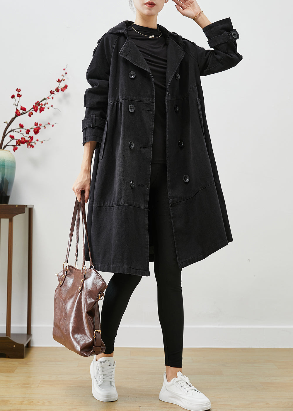 Black Loose Denim Coat Outwear Peter Pan Collar Double Breast Fall Ada Fashion