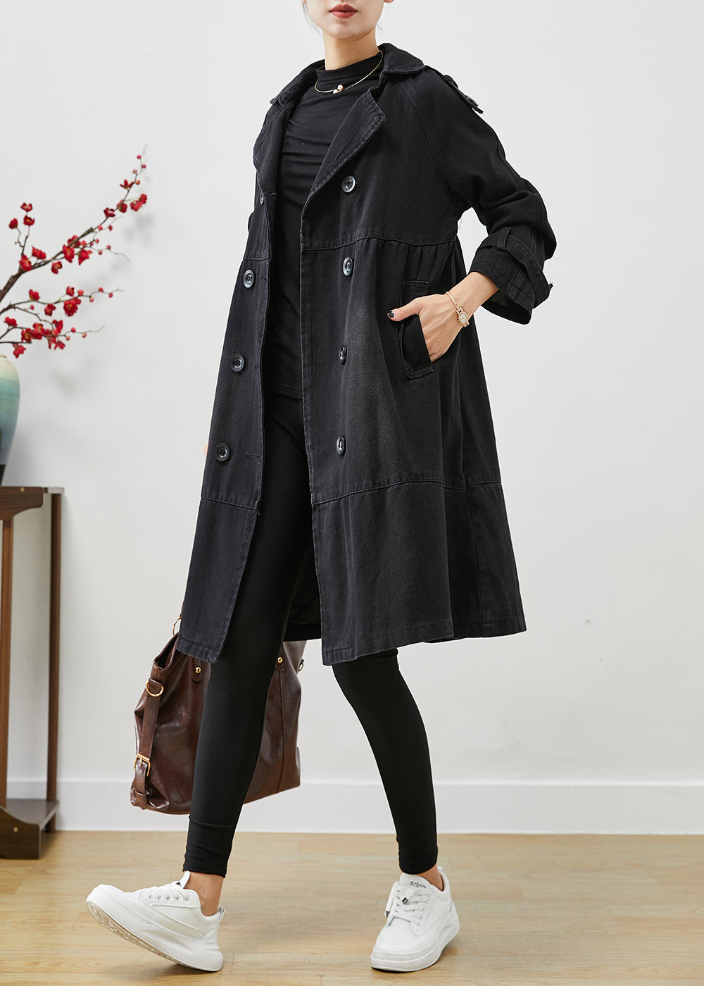 Black Loose Denim Coat Outwear Peter Pan Collar Double Breast Fall Ada Fashion