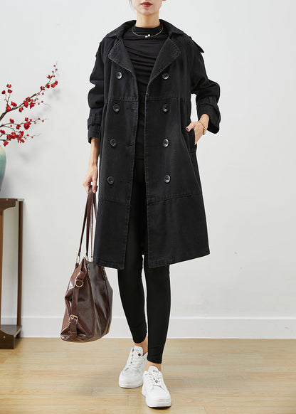 Black Loose Denim Coat Outwear Peter Pan Collar Double Breast Fall Ada Fashion