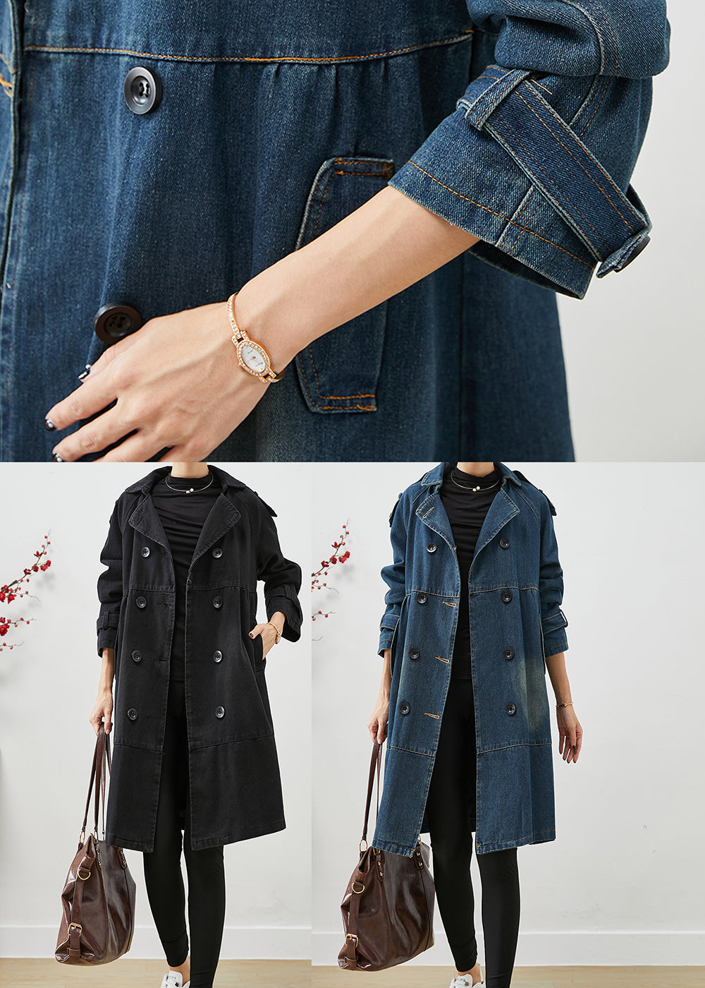 Black Loose Denim Coat Outwear Peter Pan Collar Double Breast Fall Ada Fashion