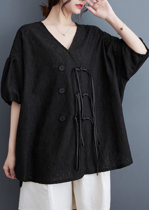 Black Low High Design Button Solid Lace Top Short Sleeve LY4972 - fabuloryshop