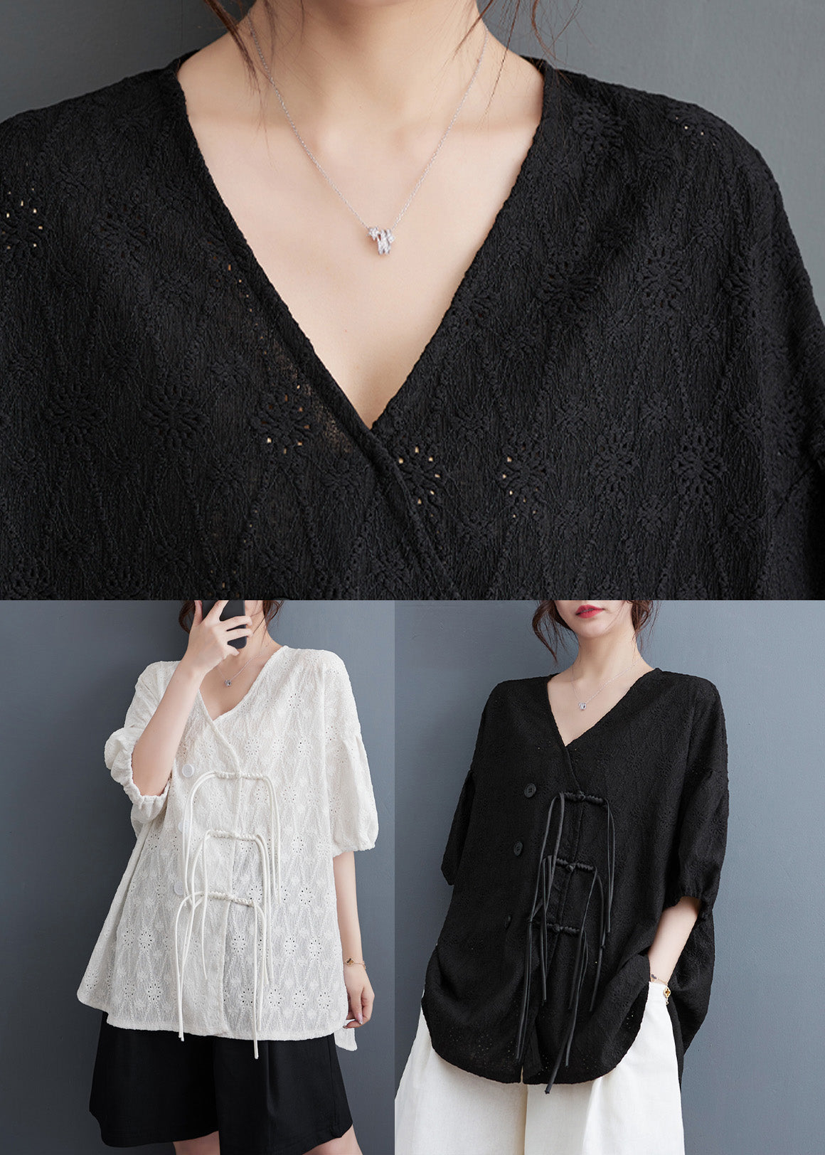 Black Low High Design Button Solid Lace Top Short Sleeve LY4972 - fabuloryshop