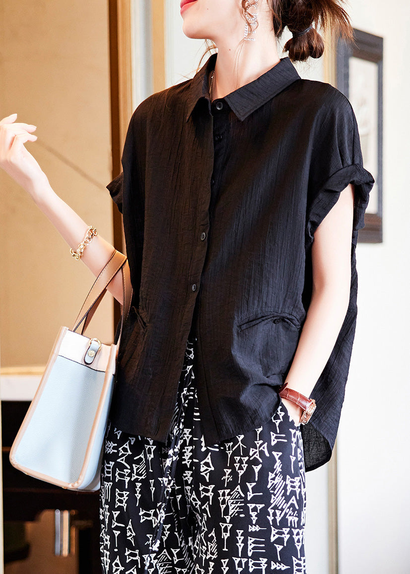 Black Low High Design Button Solid Silk Shirt Summer LY6171 - fabuloryshop